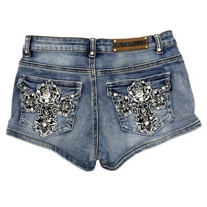 Platinum Plush LA Medium Wash Cross Embroidered Bling Rhinestone Shorts S 25x2"